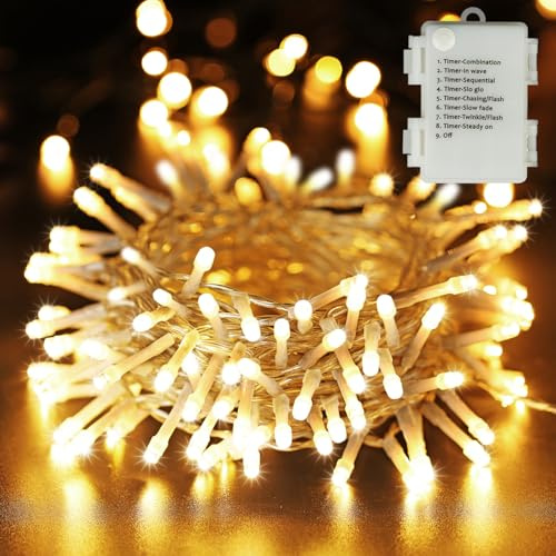 PhilzOps Luci Natale Esterno, 10M 100 LED Catena Luminosa Natalizie Bianco Caldo Batteria Impermeabile 8 Modalità Timer Luce Autunno Interno per Giardino Casa Albero Festa Matrimonio, Cavo Trasparente