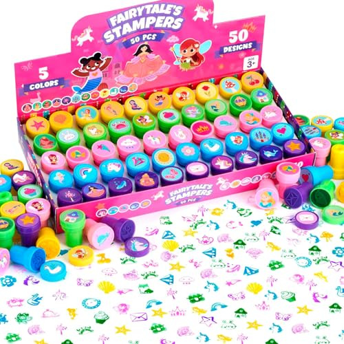 JOYIN 50 Timbri a Tema Fiaba per Bambini, Timbri autoinchiostranti con 50 Disegni, Perfetti per bomboniere, premi per Feste e Carnevale, Sacchetti Regalo, Halloween e Natale