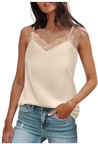 Top de encaje para mujer, de verano, con cuello en V, de satén de seda, sin mangas, camiseta de tirantes