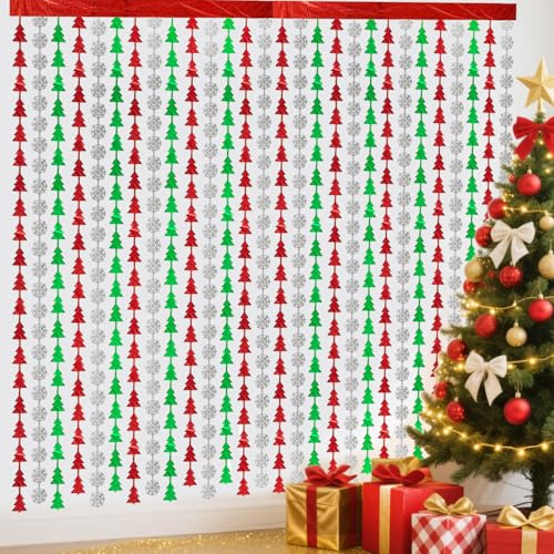 APUXXJUPA Christmas Curtains - Xmas Tree Snowflake Pattern Red Silver Green Tinsel Metallic Photo Booth Props Backdrop Streamers for Christmas Party Decorations New Year
