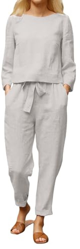 Generisk fritidsoverall för kvinnor, 2-delad, elegant, plissé set, elegant byxkostym, långärmad kavaj, blus och vida ben, byxor, enfärgade, höstoutfit, bekväm loungewear, Vit, L