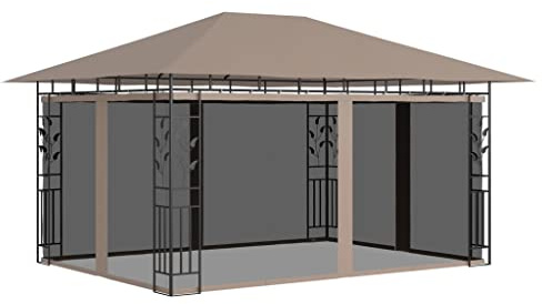 Mokuyary paviljong med myggnät 4 x 3 x 2,73 m brungrå 180 g/m², lusthus, trädgårdstält, festtält, trädgårdspaviljong för trädgård, fest, festival, bröllop