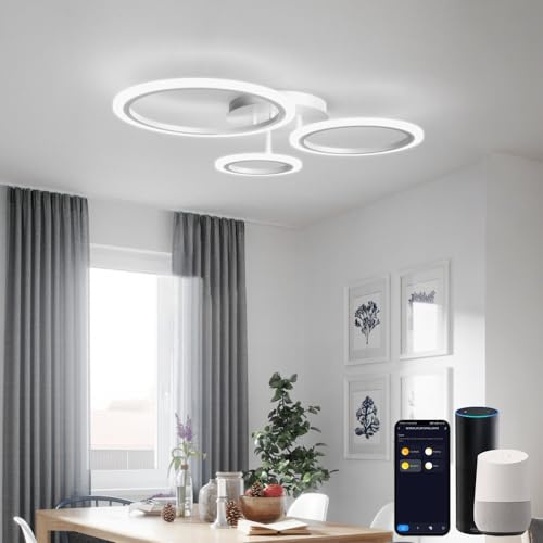 LED-smart taklampa, modern i ringdesign, dimbar, WiFi-taklampa, CCT 3000 K–6500 K för små rum, kompatibel med Alexa, Google Home & App, inkl. fjärrkontroll, vit