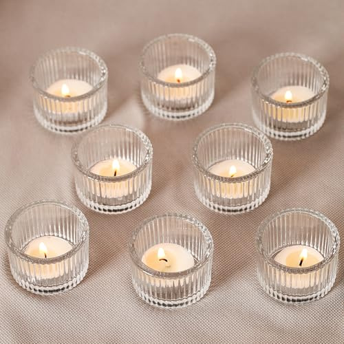 CIOXSOIO Set di 24 Mini Portacandele, Porta Candele in Vetro Trasparente, 5cm x 3.5cm Porta Candele da Tavolo, Porta Candele per Candele Lumini per Centrotavola Decorazioni Casa Matrimoni Feste