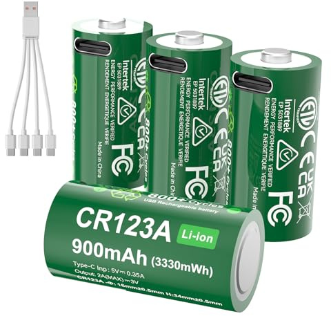 AKTTKA 4 Pezzi CR123A Batterie Ricaricabili Al Litio, 3330 mWh 900mAh, Ricarica Type-C, 800 Cicli.Adatto Per Torce Ad Alta Intensità, Telecamere Di Sicurezza, Sistemi Di Allarme, Mirini Laser, Ecc