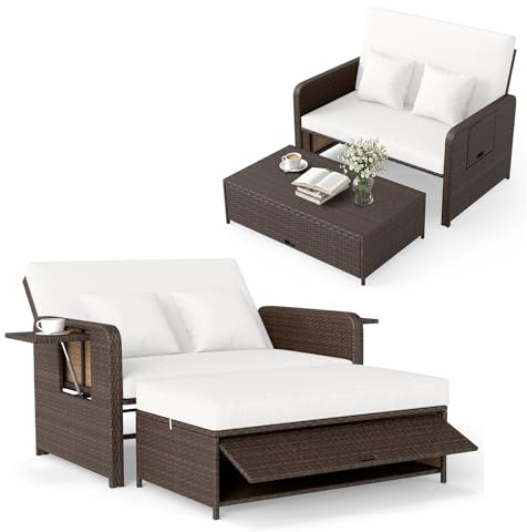COSTWAY Sofa Exterior de Ratán con Reposapiés de Almacenamiento, 2 Plazas Tumbona Acolchado con Respaldo Ajustable de 4 Nivelesy Mesas Auxiliares Plegables para Jardín y Piscina (Blanco)