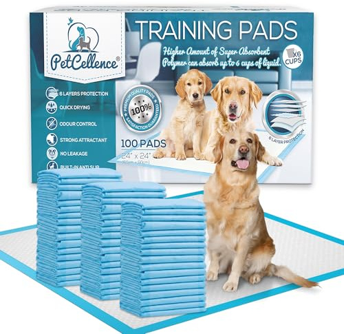PetCellence Puppy Training Pads - Large 60 x 60cm Super Absorbent Dog Pads - with Advanced 6 Layer Leak Proof Protection - Anti Slip Adhesive Tabs (60 x 60, 100, count)
