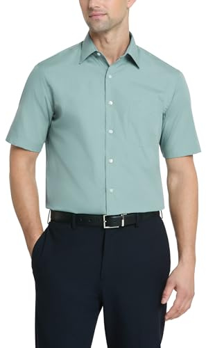 Van Heusen Men's Short Sleeve Dress Shirt Regular Fit Poplin Solid, Ocean Mist, 18 Neck