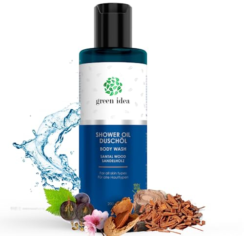 Green idea - Duschöl Naturkosmetik VEGAN mit Traubenkernöl und Mandelöl - Pflegedusche für trockene Haut - SLES frei 200 ml (Sandelholz)