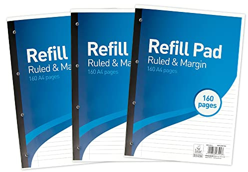 SUMMIT A4 Lined Paper, Side Bound Refill Pad, 8 mm Ruled and Margin, 160 Page, Pack of 3