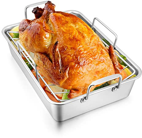 Roasting Pan with Rack for Turkey Chicken, Joyfair Stainless Steel Roaster Pan and V-rack for Toaster Oven, Rectangular Bakeware with Sturdy Handles, Heavy Duty & Dishwasher Safe (Small)