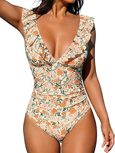 CUPSHE Damen Badeanzug Rüschen V Ausschnitt Bauchweg Raffungen Blumenmuster Einteilige Bademode Swimsuit Mehrfarbig L