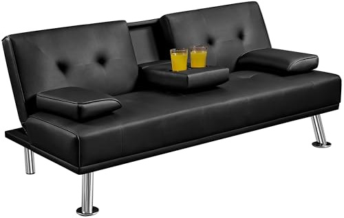 Yaheetech Divano Letto con 2 Cuscini Mobile in Ecopelle Divano Convertibile in Letto Arredamento Pieghevole 3 in 1 con Supporto Centrale Porta Bicchieri 167 × 81,5 × 75 cm da Soggiorno Nero