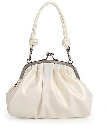 Borsetta da sera da donna, con chiusura a bacio, vintage, in morbida pelle, increspata, pochette da sposa per feste di nozze, Whitea