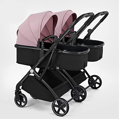 Kleinkind-Kinderwagen for Zwillinge, nebeneinander, Zwillings-Kinderwagen, abnehmbarer 2-Einzel-Kinderwagen, Doppel-Kinderwagen mit umkehrbarem Stubenwagen, verstellbares Verdeck (Color : Pink-1)