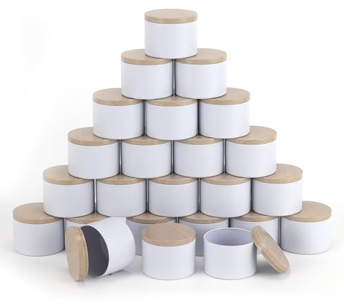 NEXBEXES 24pcs 8oz white Candle tins with Metal Wood-Grain Printing Lids. Candle Jars,Bulk Candle tins for Making Candles,Candle Making Jars (8OZ, WHITE)