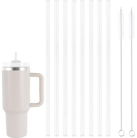 8Pcs Plastic Replacement Straws for Stanley 30/40 oz, 31.5cm Odorless Long Straight Clear Straws, Transparent Thick Tritan Drinking Straws, Reusable Clear Straws with 2 Cleaning Brush