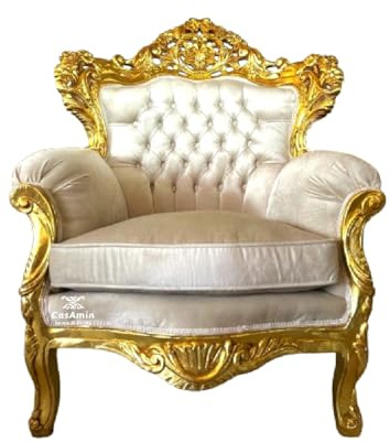 CasAmin Home & Living Poltrona in stile Luigi XV in velluto beige, divano in stile retrò barocco rococò con finitura dorata per la decorazione d'interni