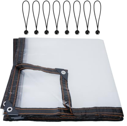 Luabue 2M X 2M Clear Tarpaulin Waterproof Heavy Duty Transparent Tarpaulin with Eyelets Clear Plastic Tarp Cover Sheet with 8 Bungees Ball Cords for Greenhouse Garden Furniture Shed Chicken Run Cover
