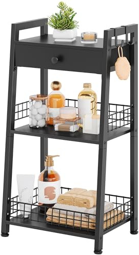 Gewudraw Bathroom Ladder Shelf with Drawer, 3-Tier Bathroom Storage, Black