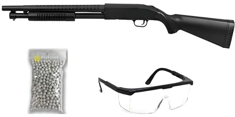 THE REPLICANT Pacchetto Replica Airsoft Fucile M500 A SWAT con Calcio Completo + 600 Pallini da 0,20 g e Occhiali protettivi