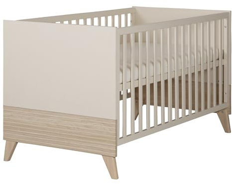 roba Lit bébé Sidney 70 x 140 cm – Lit à barreaux évolutif avec pieds en bois massif – Hauteur réglable – Transformable en lit junior – Beige