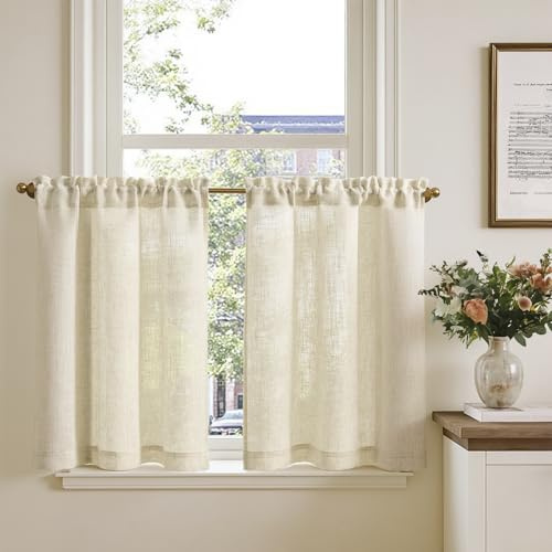 TOPICK Tende a pannello, effetto lino, per soggiorno, set da 2 pezzi, altezza 75 x 65 cm, per cucina, piccole finestre, traslucide, stile rustico, effetto lino, con coulisse, colore crema beige