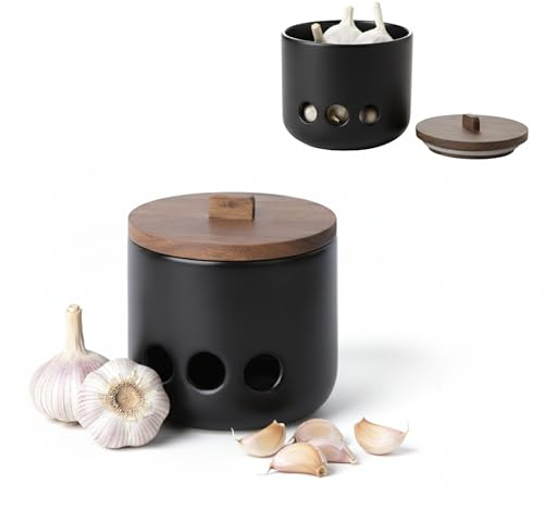 KOOK TIME Pot à Ail en Céramique CURVE - Boîte de Conservation avec Trous d'Aération et Couvercle en Acacia. Pour Ail, Échalotes ou Gingembre. Design Nordique. 11.5 x 12 cm. - Noir mat