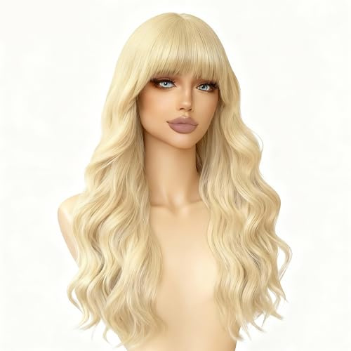 CATMEYE Peluca Larga Ondulada Rubia con Flequillo para Mujer – Peluca de Cabello Sintético Rizado de 27'' para Cosplay, Disfraz, Fiesta y Uso Diario (Rubia)