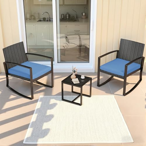 Blishom Set di Mobili da Balcone,Set Tavolino e Sedie da Giardino,Set di Mobili da Giardino in Rattan,2 Sedie da Esterno e 1 Tavolino,per Giardino Cortile Piscina (Blu)