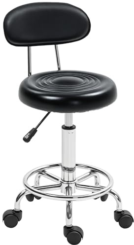 HOMCOM Sgabello Regolabile Girevole a 360°, Sgabello da Estetista con Schienale, Ruote e Poggiapiedi, in Acciaio, Finta Pelle, 32x40x70-86 cm, Nero