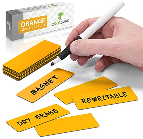 2DOBOARD Magnetstreifen beschreibbar - 7,5 cm x 2,5 cm Orange - 25 Stück - Magnetschilder zum beschriften – Für Kühlschrank, Whiteboard & Tafel - Magnetetiketten