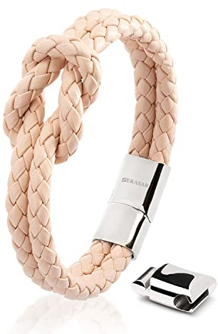 SERASAR Leder Armband Damen Rosa 18cm - Pink Frauen Echt Schmuck Schachtel Knoten Armkette Freundin Schwester Mädchen Partner Geschenke Pärchen Paar Mama Geschenkidee für Sie