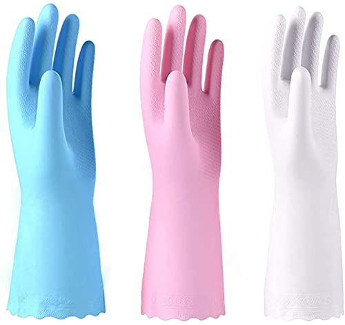 3-pack återanvändbara rengöringshandskar, latexfria – diskhandskar med bomullsflockfoder och präglad handflata – vattentäta hushållshandskar för tvätt, trädgårdsskötsel (liten (förpackning med 3))