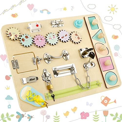 StarryTiger Tablero Ocupado de Madera, de Actividades Montessori, Aprender Habilidades Motoras Finas y Básicas, Panel Sensorial para Niños de 3 Años, Tablero con Candados