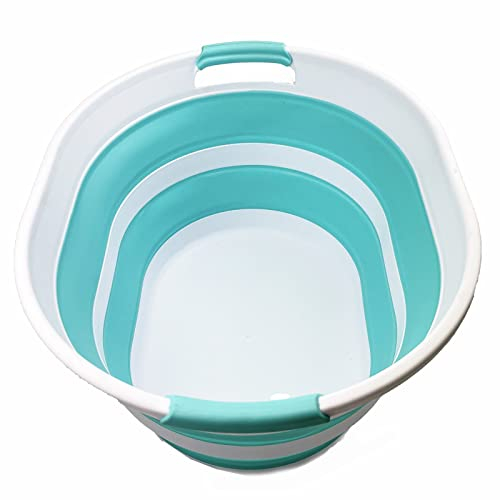 SAMMART Wäschekorb aus Kunststoff, zusammenklappbar, 23 l, ovale Wanne/Korb – faltbarer Aufbewahrungsbehälter/Organizer – tragbare Waschwanne – platzsparender Wäschekorb (Weiß/Salbeigrün)