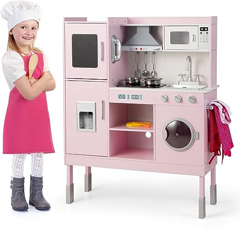 COSTWAY Cocina Juguete para Niños, Cocinita Infantil con 3 Alturas Ajustables, Máquina de Hielo y Teléfono, 16 Accesorios, Sonidos y Luces, Cocina de Chef de Madera para Niños de 3+ Años (Rosa)