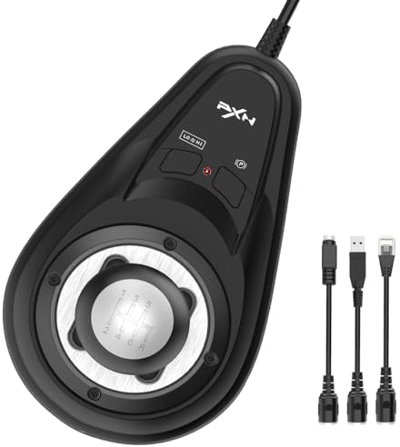 PXN A7 Shifter PC, Gangschaltung PC für Lenkrad mit 6 Gängen, Rückwärtsgang, Hoch-/Niedrig-Geschwindigkeits-Taste, 3 Kabel (USB, RJ11, DIN), universeller H-gangschaltung