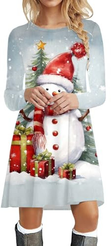WVONIF Robe de Noël pour Femmes Robe De Noel Femme Chic Joyeux Noël Robe de Noël Rose Robe Femme de Cocktail Vintage Rockabilly Robe Manches Longue col carré Rétro Déguisement De Noël