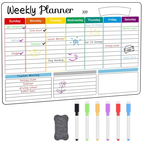 OFFCUP Planificador Semanal Magnetico, Planificador Mensual Magnetico con 6 Rotuladores de Color y 1 Borrador, Calendario Magnético Nevera, para Lista de Compra, Planificador Familiar