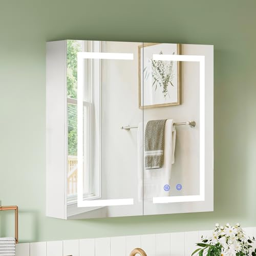 Bathroom Mirror Cabinet with Led Light, Adjustable Shelves, 60 x 60 x 15 cm | Bathroom Wall Mounted Mirror Cabinet, 3-Tier Mirrored Door Storage Cupboard, 3 Color Lights, Shaver Socket, Anti Fog, White