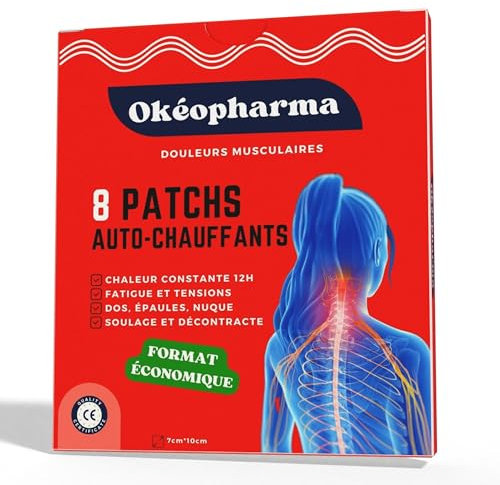 Patch Chauffant Okéopharma - adhésifs - Décontractant Musculaire Efficace pour dos, épaules, Nuque - Chaleur Confortable et Constante 12h - Pansement naturel à base de Camphre - Format économique