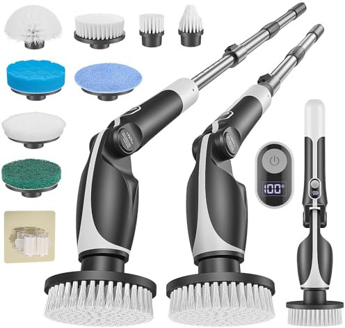 Elektrische Reinigungsbürste Haushalt mit 4500mAh Akku 8 Bürstenaufsätzen, Multifunktions Electric Cleaning Brush mit Verstellbarem Griff und Winkel, elektrischer schrubber für Bad Küche Fußboden