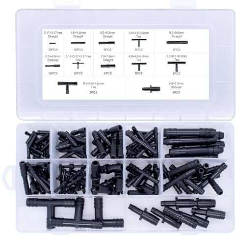NVGFTG 113 Stück T-Verbinder Schlauchverbinder Set, 12 Größen T Schlauchverbinder Sortiment KFZ, Bewässerung Anschluss Kit für Schläuche, Tropfschlauch, Schwarz