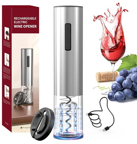 CIRCLE JOY Electric Wine Opener Rechargeable Stainless Steel Automatic Corkscrew Wine Bottle Opener with Foil Cutter, Blue Led Indicator and One-Click Button, Silver