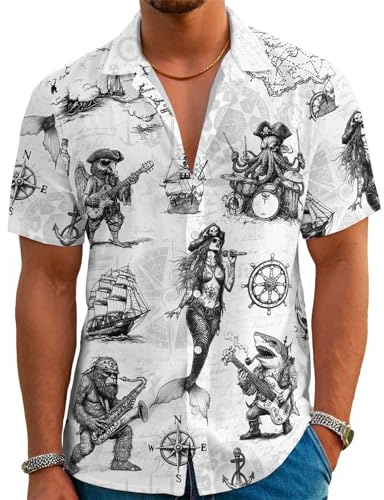 THE PIRATE KING Funny Pirate Mermaid Hawaiian Shirt Shark Octopus Rock Music Band Beach Vacation Casual Button Down Shirt
