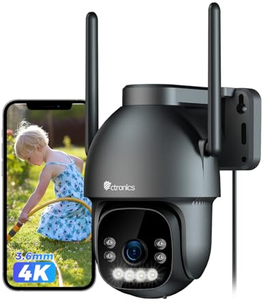 Ctronics Caméra de Surveillance Extérieure 4K WiFi, Caméra PTZ 8MP avec Vision Nocturne en Couleur, WiFi 2,4/5GHz, Détection Humains/Véhicules/Animaux, Compatible NVR, Audio Bidirectionnel, IP66