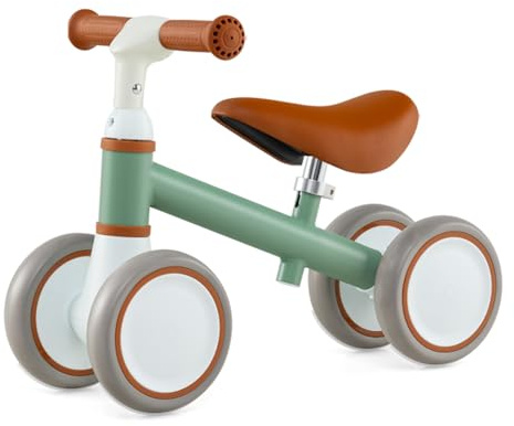 COSTWAY Baby Balance Bike, 4 Wheels Toddler Bikes with Height Adjustable Handle & Seat, No Pedal Infant First Bicycle for 1 2 3 Years Old Boys Girls (Green+Brown)