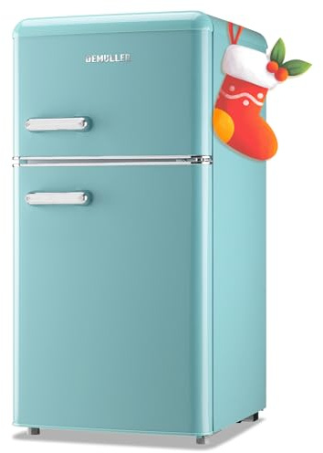 DEMULELR Retro Mini Fridge Dual Door Refrigerator with Freezer, 3.5 Cu.ft Small Refrigerator with Handle, Adjustable Temperature & Removable Glass Shelves, for Apartment/Dorm/Office/RV, BLUE