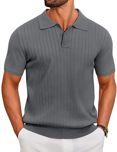 COOFANDY Polo Homme Été Tricoté Manches Courtes T-Shirt Golf Stretch Slim Fit Décontracté Gris Foncé L